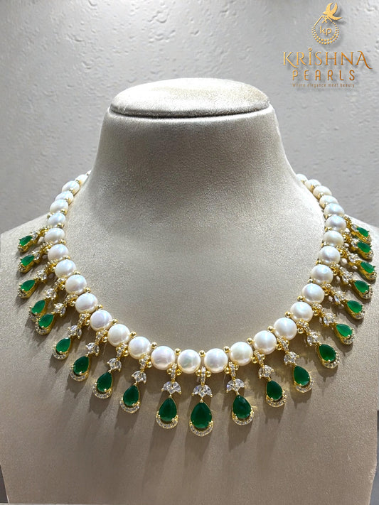 Royal Green Button Big Pearls Necklace Set