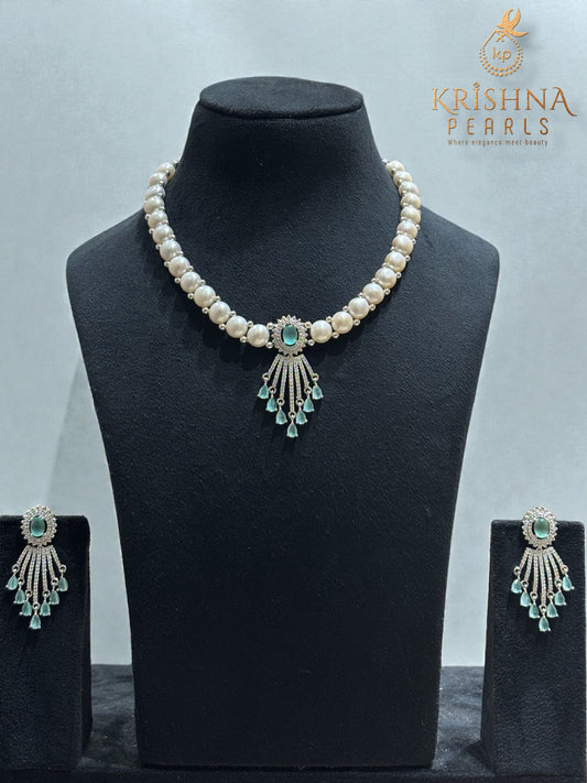 Luxurious BlueQuartz Studded Pendent With Button Pearls Necklace Set