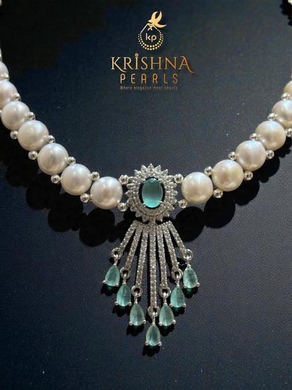 Luxurious BlueQuartz Studded Pendent With Button Pearls Necklace Set