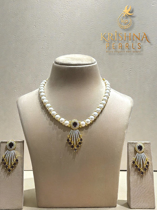 Luxurious Amethyst Studded Pendent With Button Pearls Necklace Set