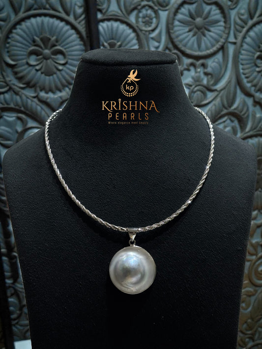 Classy 92.5 Silver Chain With Enormous Baroque Pearl Pendent