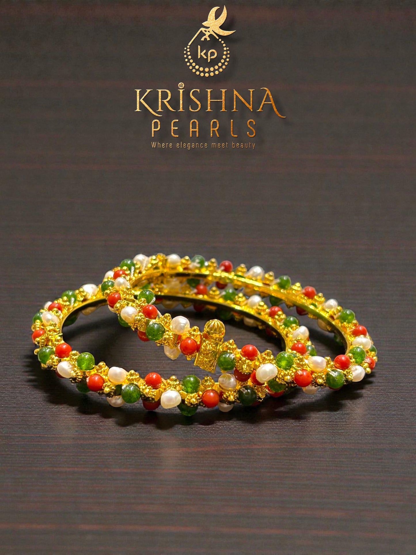 Traditional Seed Pearls Coral & Emerald Beads Bangles