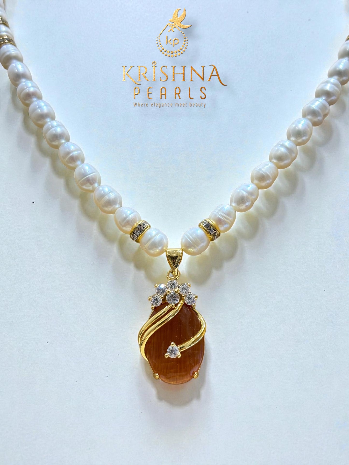 Beautiful Orange Stone Studded With Pearls Necklace Set