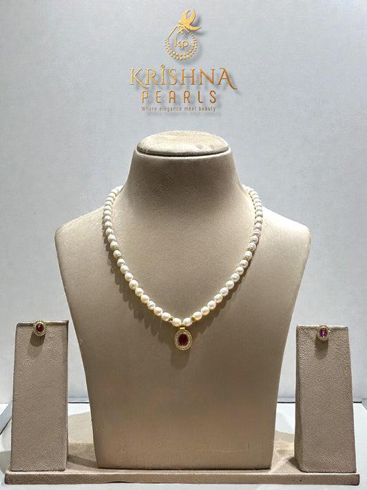 Beautiful Red Stone Studded Pearls Necklace Set