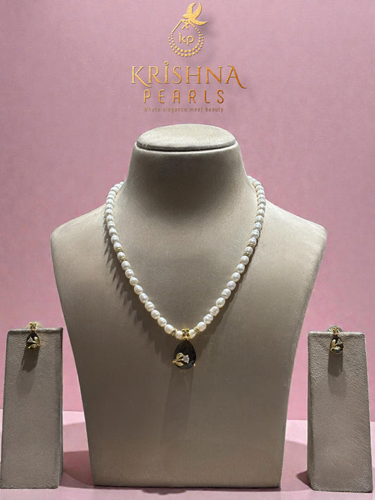 Adorable Olive Green Stoned Studded Pearl Necklace Set