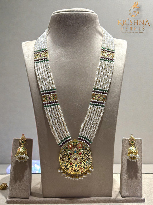 Beautiful Navaratna Studded Pendent With Seed Biwa Pearls Long Necklace Set