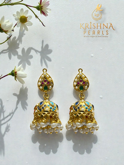 Beautiful Navaratna Studded Pendent With Seed Biwa Pearls Long Necklace Set