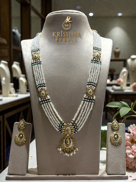 Exclusive Navaratna Studded Pendent With Seeds Pearls Five Layers Long Necklace Set