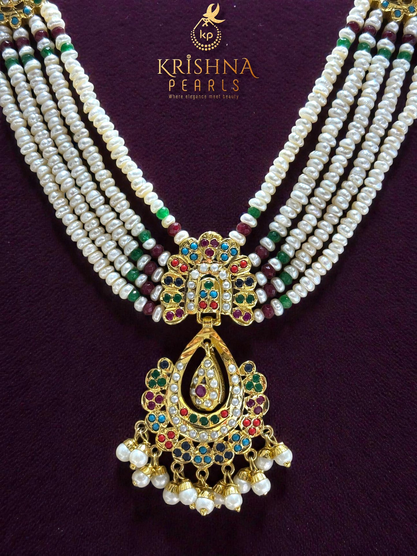 Exclusive Navaratna Studded Pendent With Seeds Pearls Five Layers Long Necklace Set