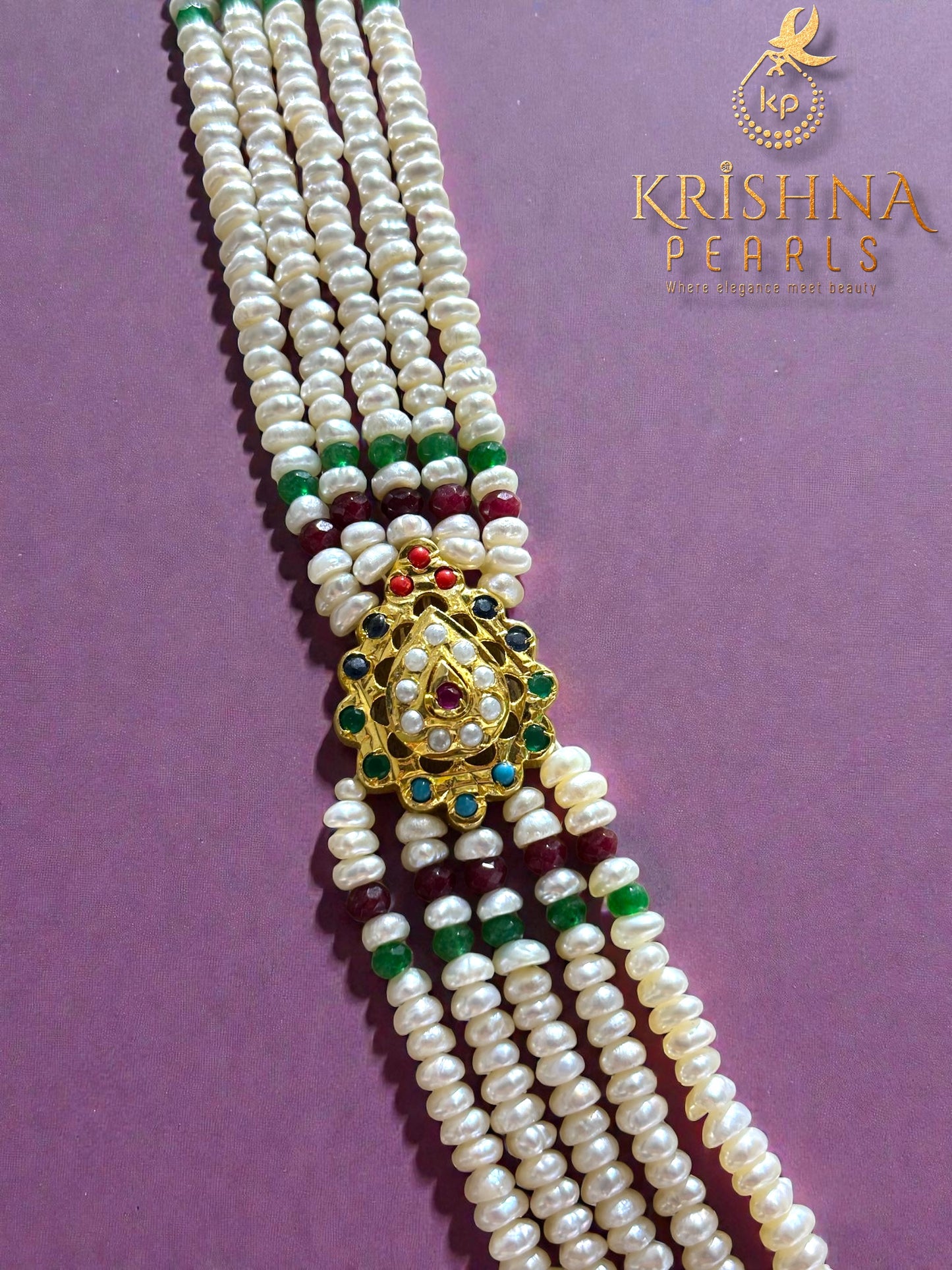 Exclusive Navaratna Studded Pendent With Seeds Pearls Five Layers Long Necklace Set