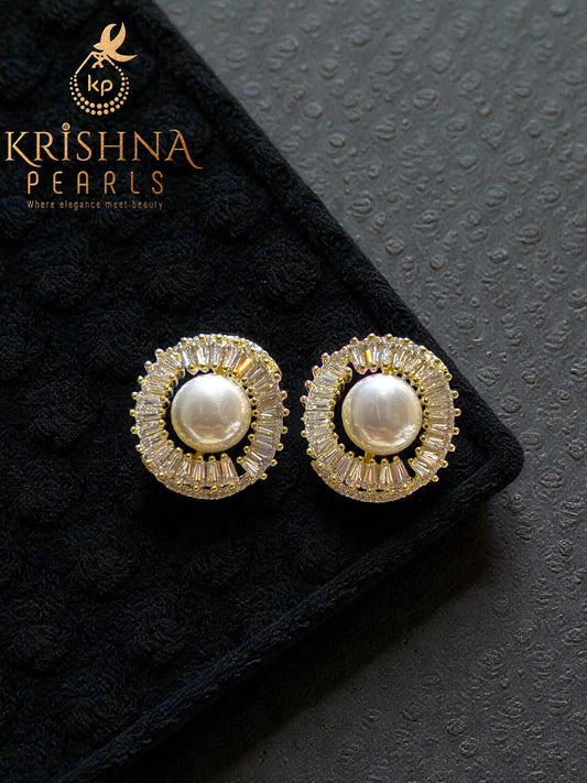 92.5 Silver Post Pin Zircon Studded Big Pearl Earrings