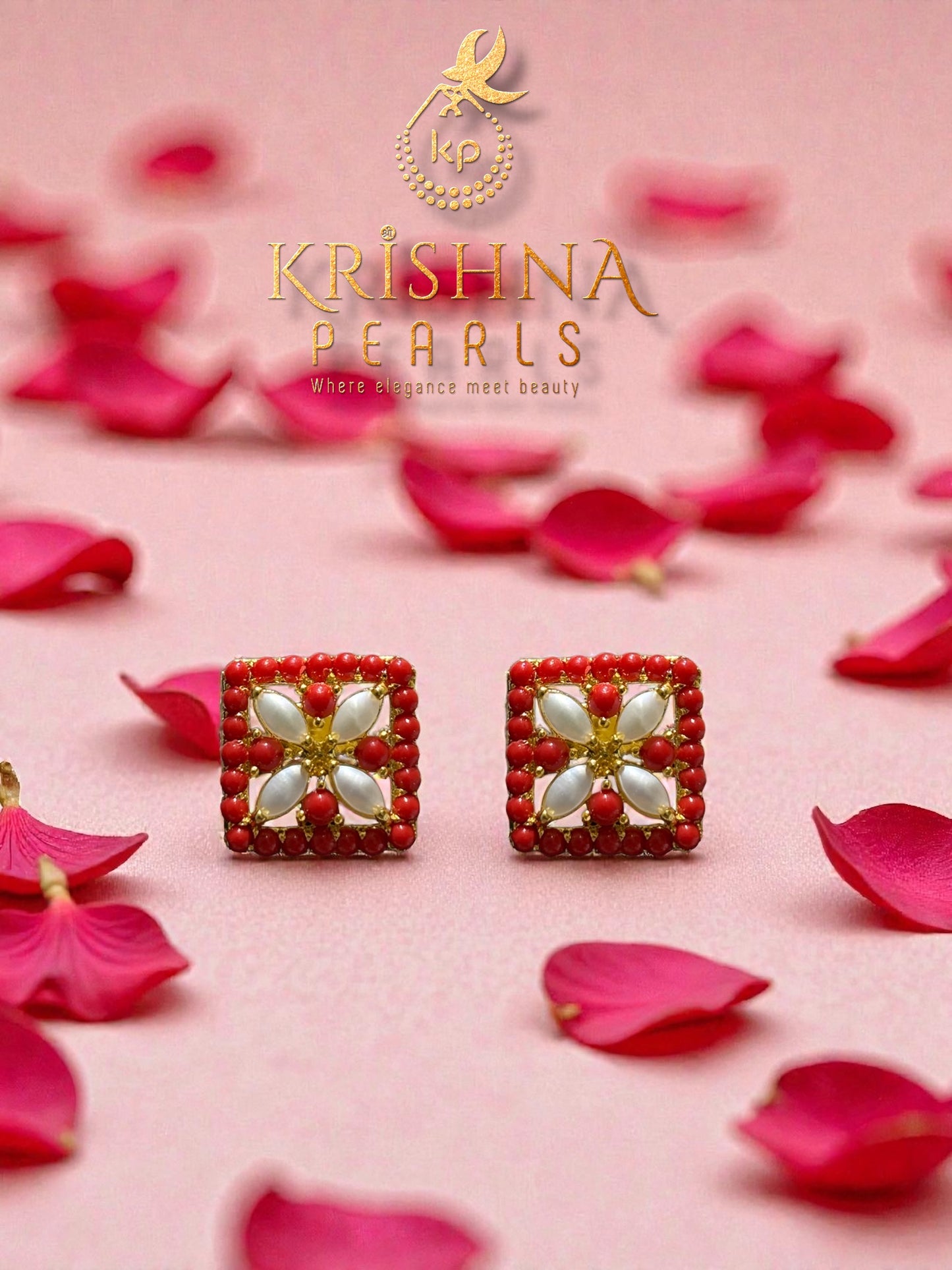 Adorable Square Share Coral And Pearls Studded Earrings