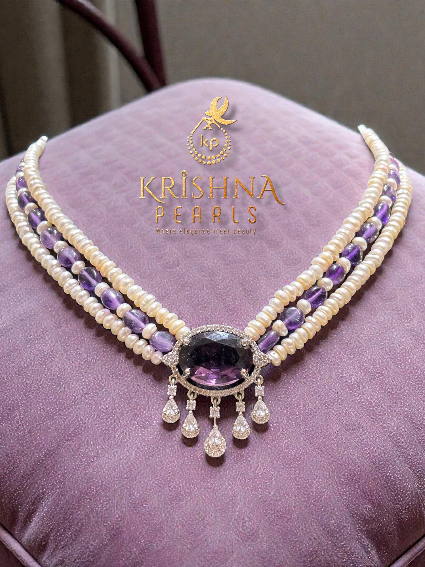 Amethyst Studded Three Line Pearls Choker Set