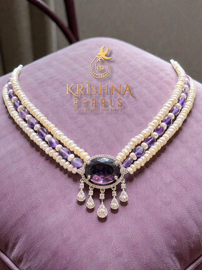 Amethyst Studded Three Line Pearls Choker Set