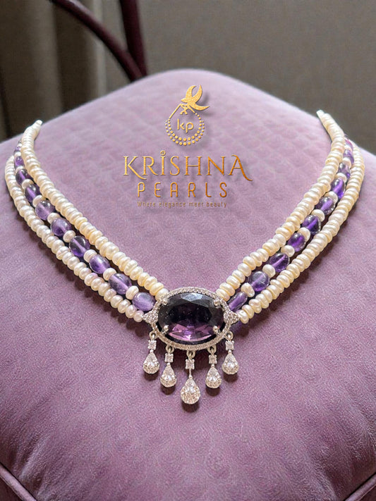 Amethyst Studded Three Line Pearls Choker Set