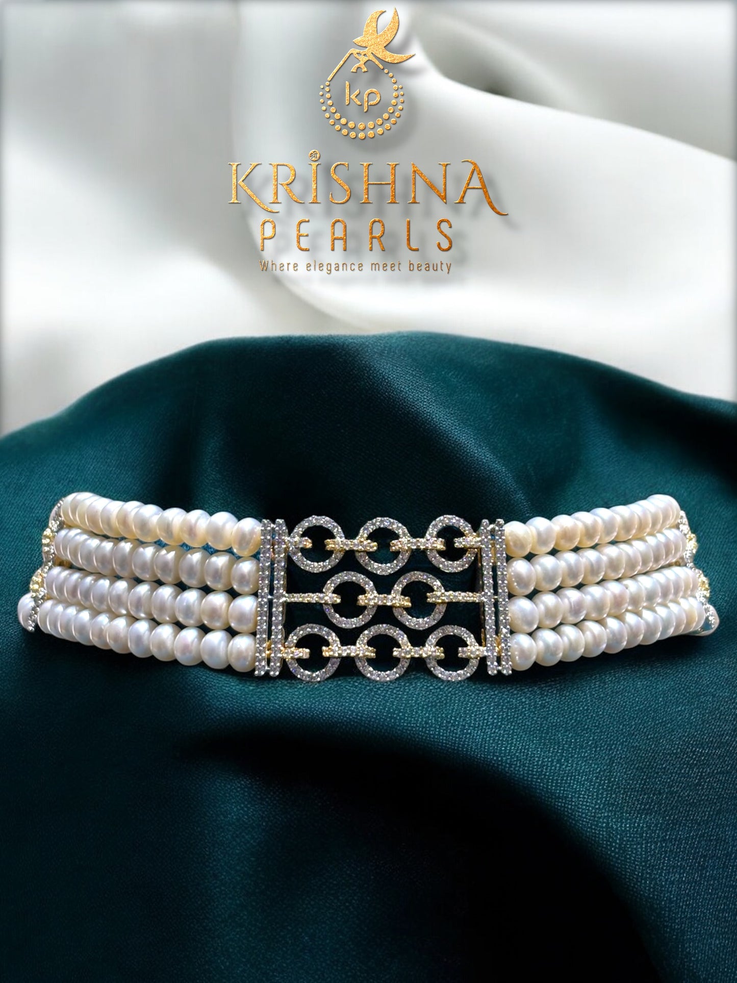 Diamond Studded Elegant Pendent With Four Layers Pearls Choker Set