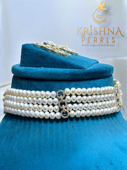 Diamond Studded Elegant Pendent With Four Layers Pearls Choker Set