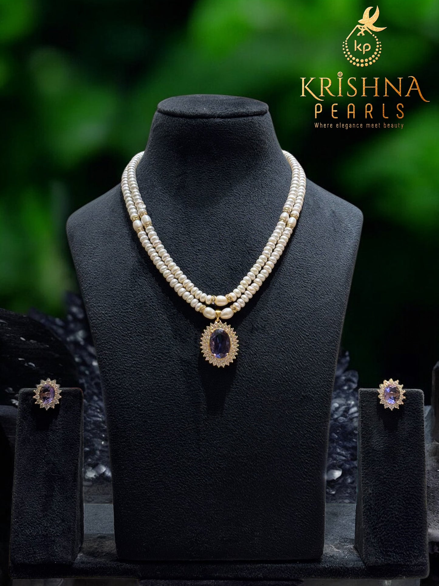 Adorable Amethyst Studded Pendent With Pearls Double Layer Necklace Set