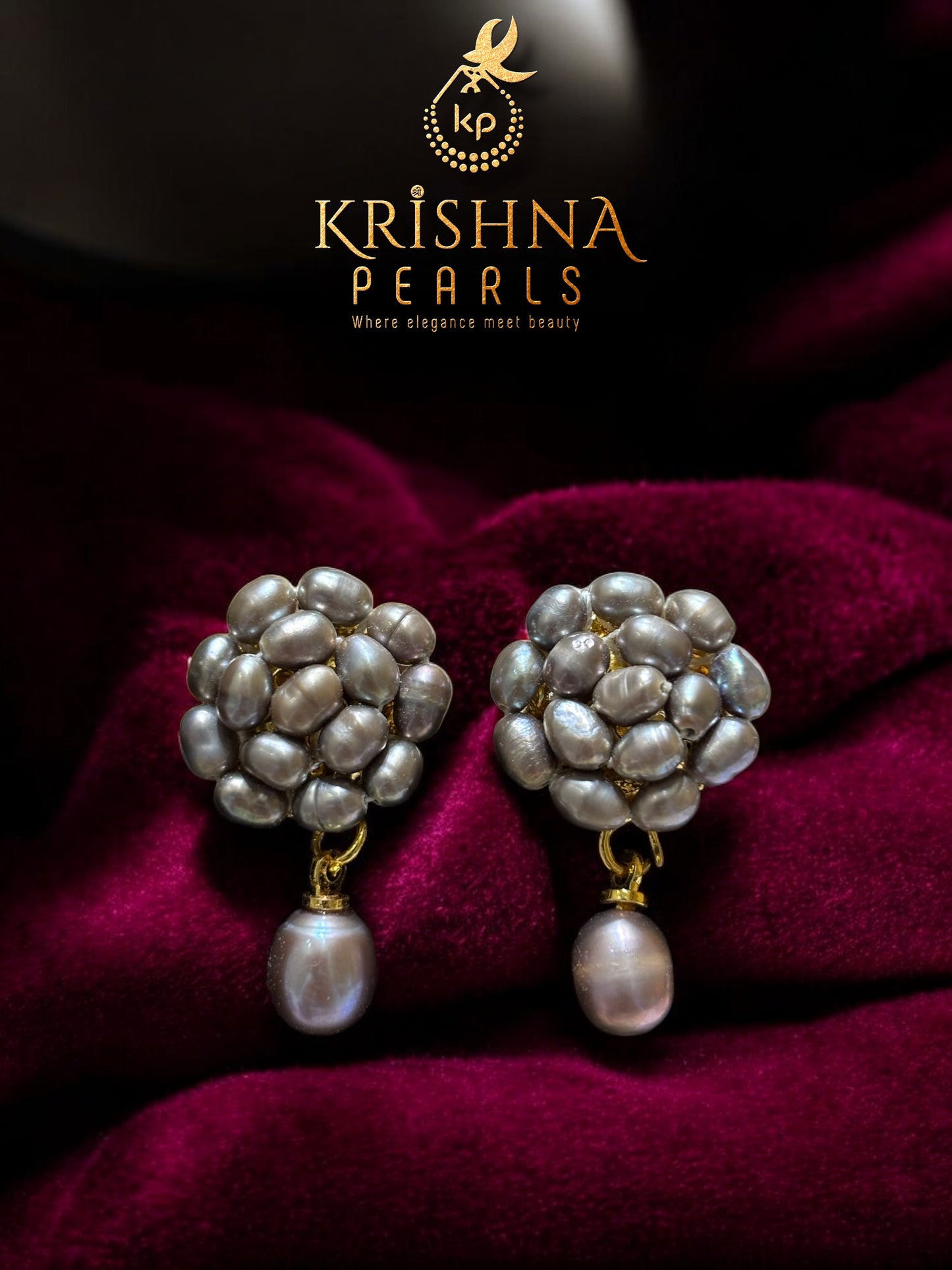 Grey Rice Pearls With Pearl Droplet Hangings