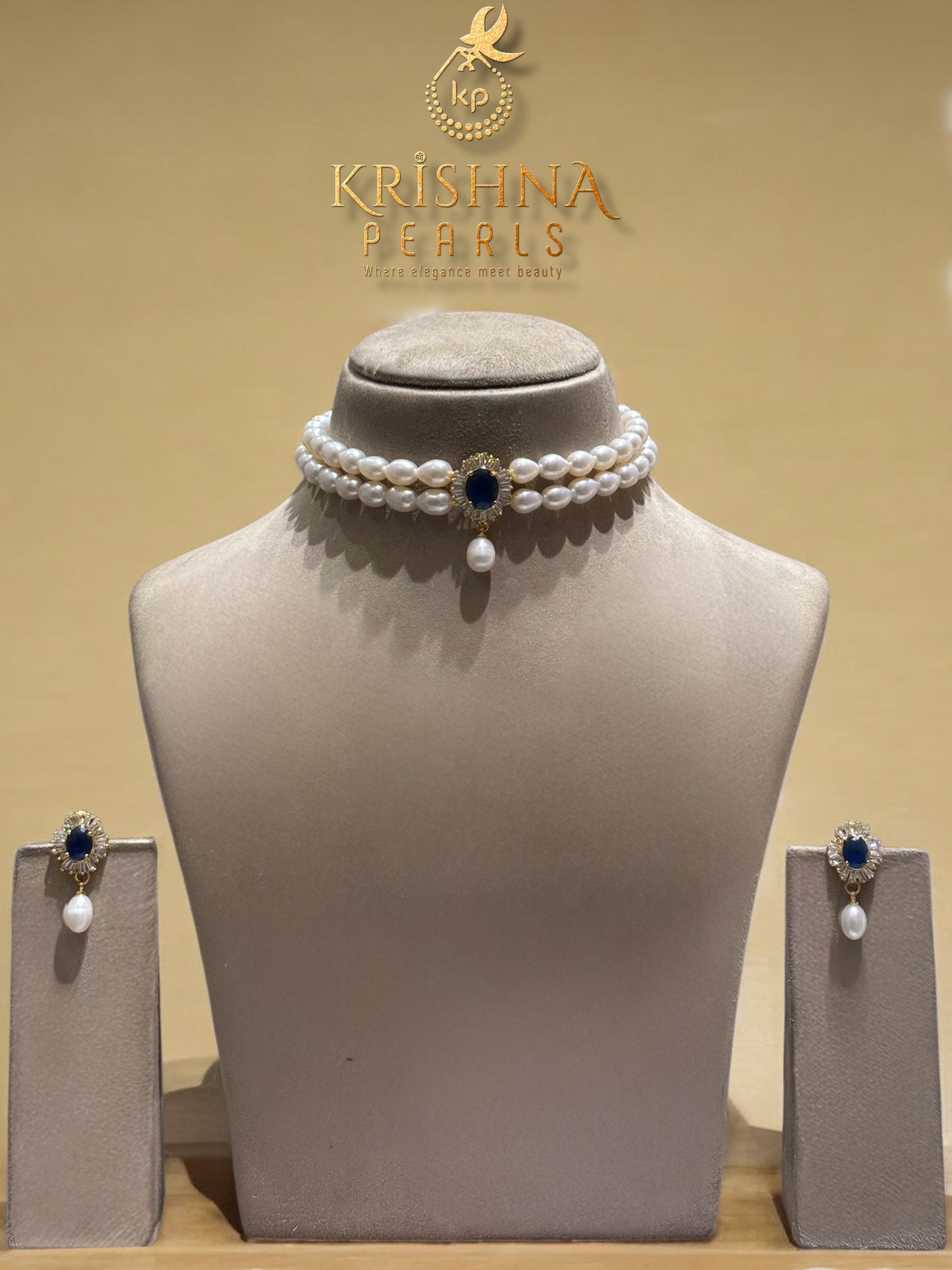 Adorable Blue Sapphire Studded Two Layer Pearls Choker Set