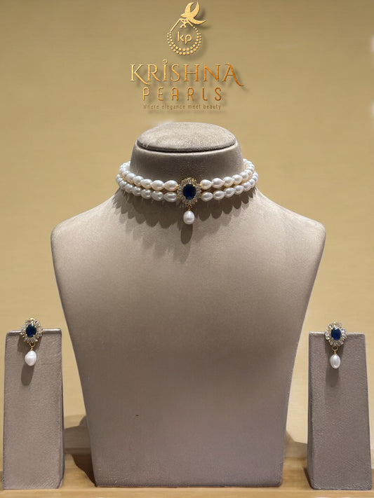 Adorable Blue Sapphire Studded Two Layer Pearls Choker Set
