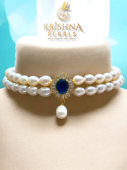Adorable Blue Sapphire Studded Two Layer Pearls Choker Set