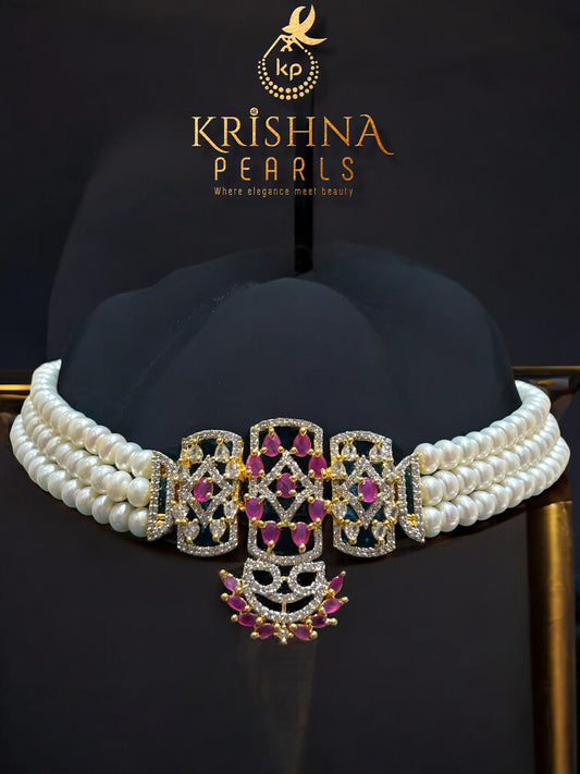 Designer Ruby Studded Three Row Pearls Choker Set