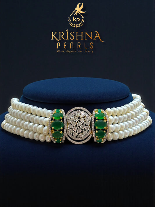 Elegant Emerald & Zircon Studded Pendent With Four Rows Pearls Choker Set