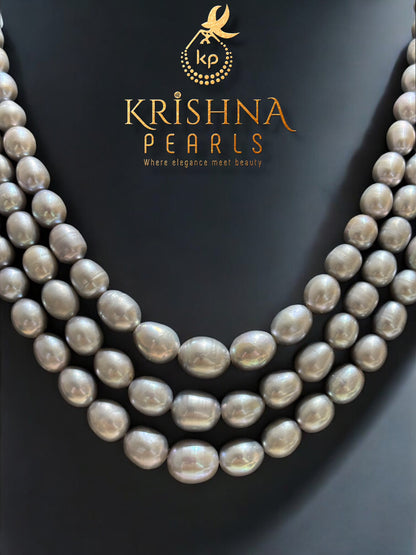 Grey Triple Layer Gradation Pearls Necklace