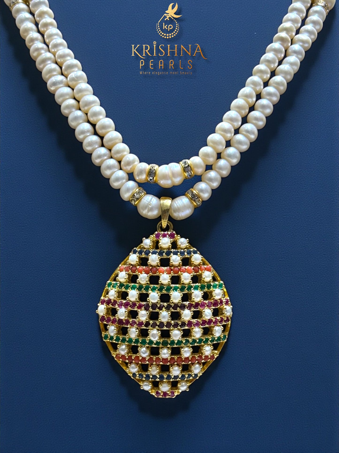Navratna-Inspired Hyderabadi Pearl Necklace Set with Blue Sapphire, Coral, Ruby & Emerald