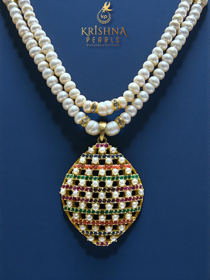 Navratna-Inspired Hyderabadi Pearl Necklace Set with Blue Sapphire, Coral, Ruby & Emerald