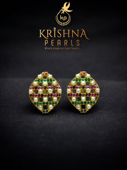 Navratna-Inspired Hyderabadi Pearl Necklace Set with Blue Sapphire, Coral, Ruby & Emerald