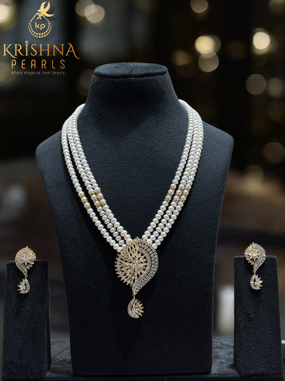 Three-Line Freshwater Pearl Necklace Set with CZ Designer Pendant By Sri Krishna Pearls Hyderabad - A Trusted Name In India