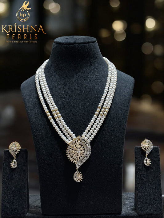 Three-Line Freshwater Pearl Necklace Set with CZ Designer Pendant By Sri Krishna Pearls Hyderabad - A Trusted Name In India