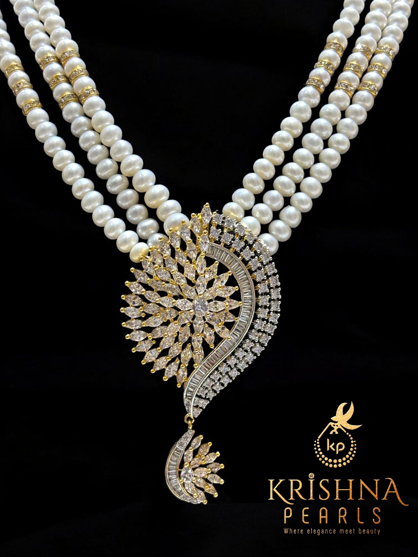 Three-Line Freshwater Pearl Necklace Set with CZ Designer Pendant By Sri Krishna Pearls Hyderabad - A Trusted Name In India
