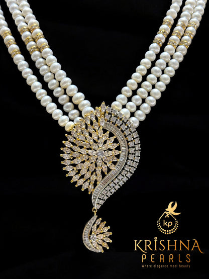 Three-Line Freshwater Pearl Necklace Set with CZ Designer Pendant By Sri Krishna Pearls Hyderabad - A Trusted Name In India