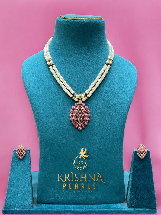 Traditional Rubys Studded Pendent With Double Layers Pearls Necklace Set