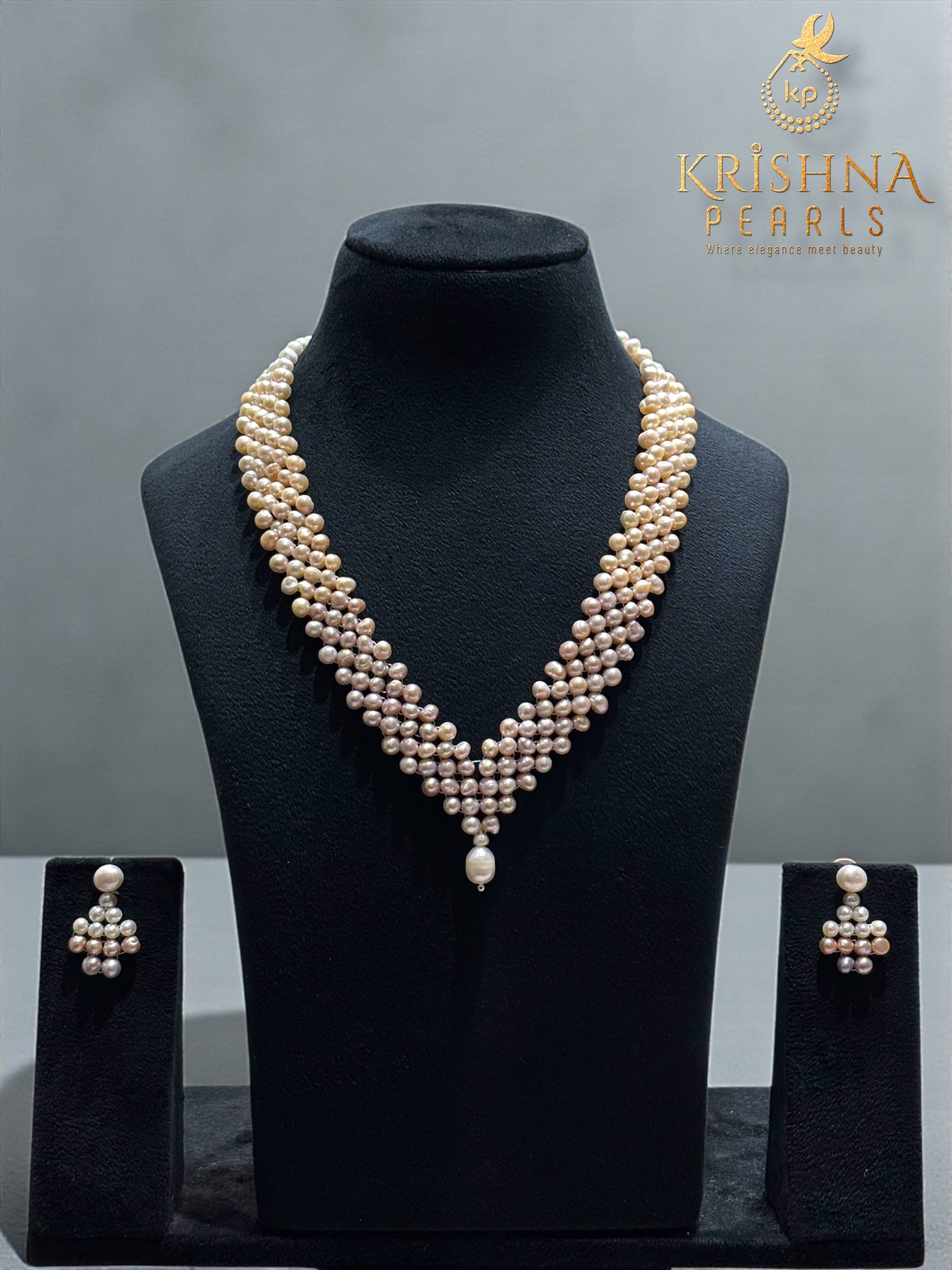 Exquisite Ombre Freshwater Pearl Jewelry Set Woven Mesh Necklace in Pastel Tones by Sri Krishna Pearls