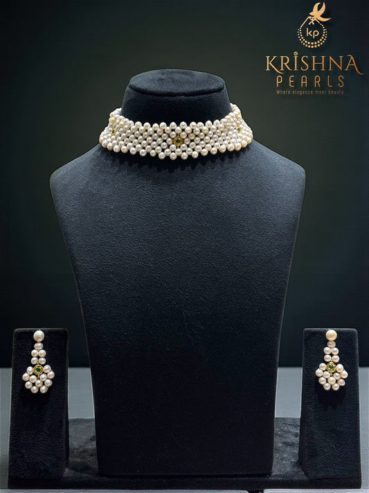 Handcrafted Multi-Layer Seed Pearl Choker Necklace Set with Matching Studs