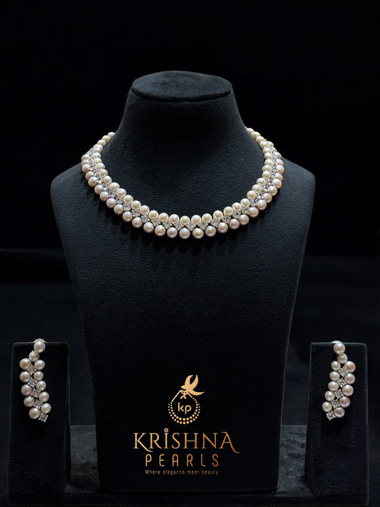 Exclusive Diamond Studded Pink & White Button Pearls Necklace Set