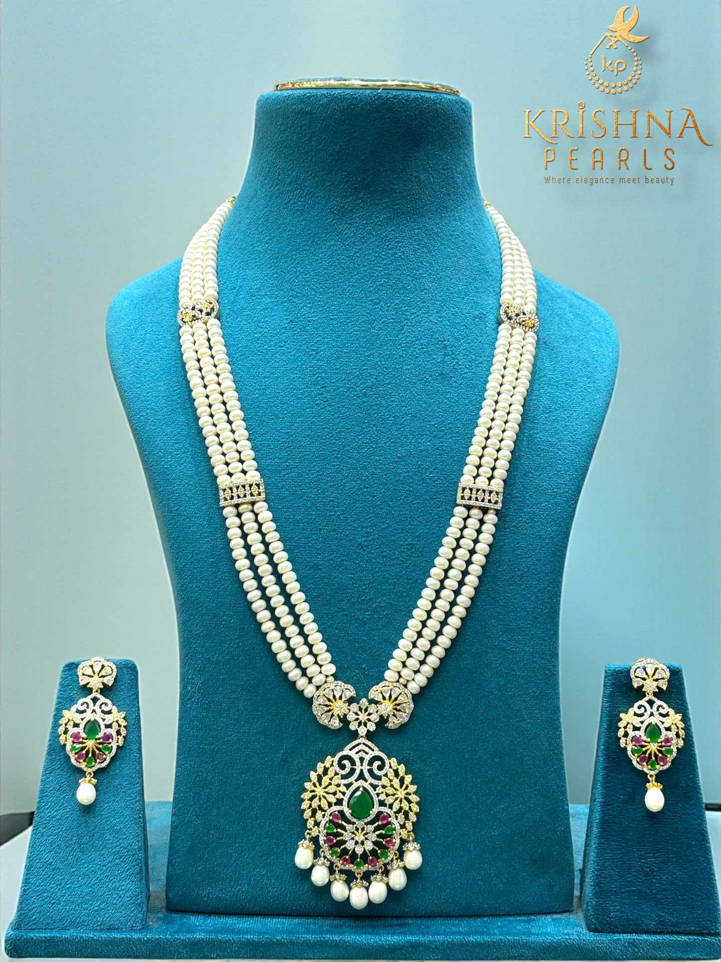 Traditional Ruby & Emerald Three Row Pearls Rani Haar Set