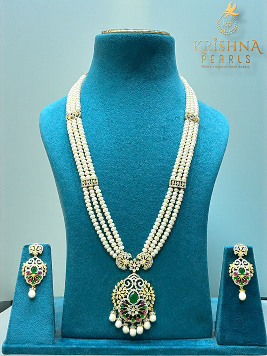 Traditional Ruby & Emerald Three Row Pearls Rani Haar Set