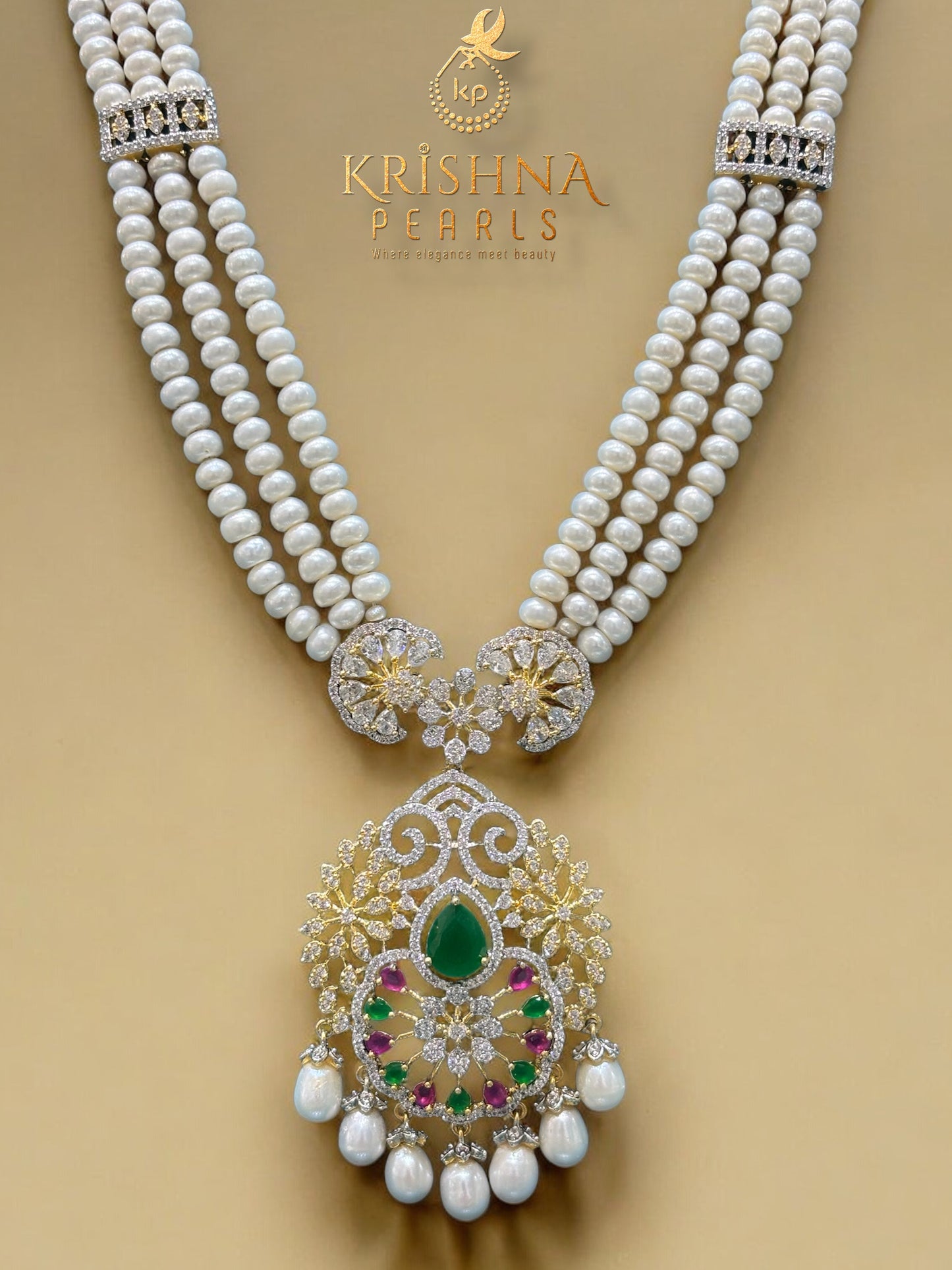 Traditional Ruby & Emerald Three Row Pearls Rani Haar Set