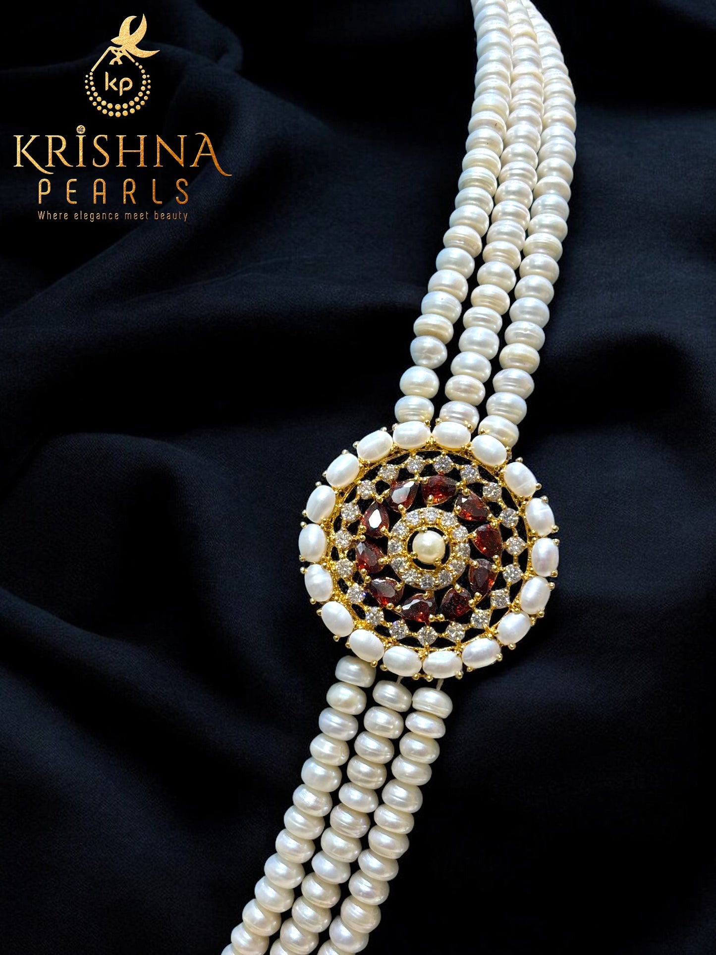 Designer Pearls Studded Pendent Three Line Broch Set