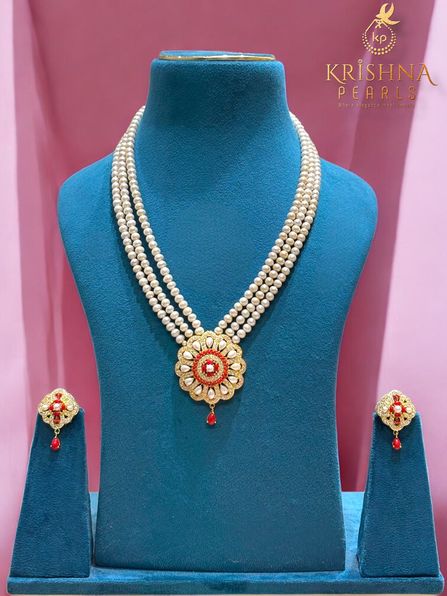 Beautiful Coral Studded Pendent With Three Row Pearls Necklace Set