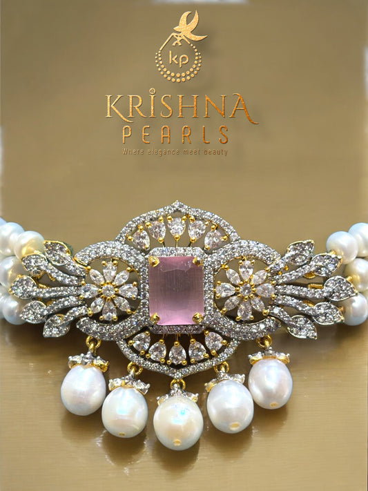 Beautiful Rose Quartz Studded Three Row Pearls Choker Set