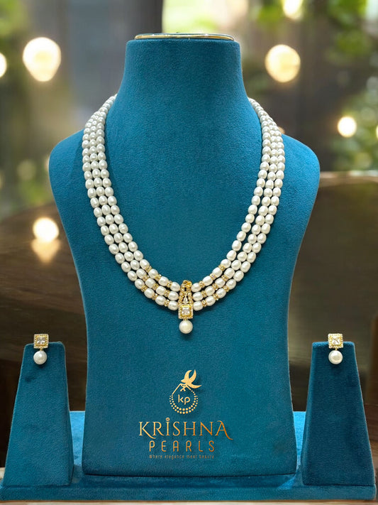 Exclusive Diamond Studded Pendent With Three Row Long Pearls Necklace Set