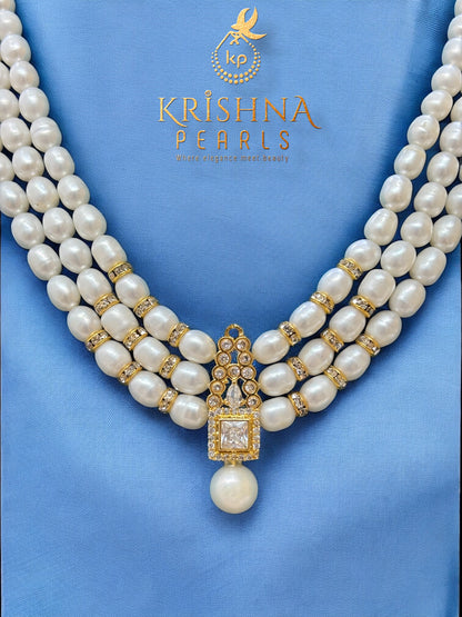 Exclusive Diamond Studded Pendent With Three Row Long Pearls Necklace Set