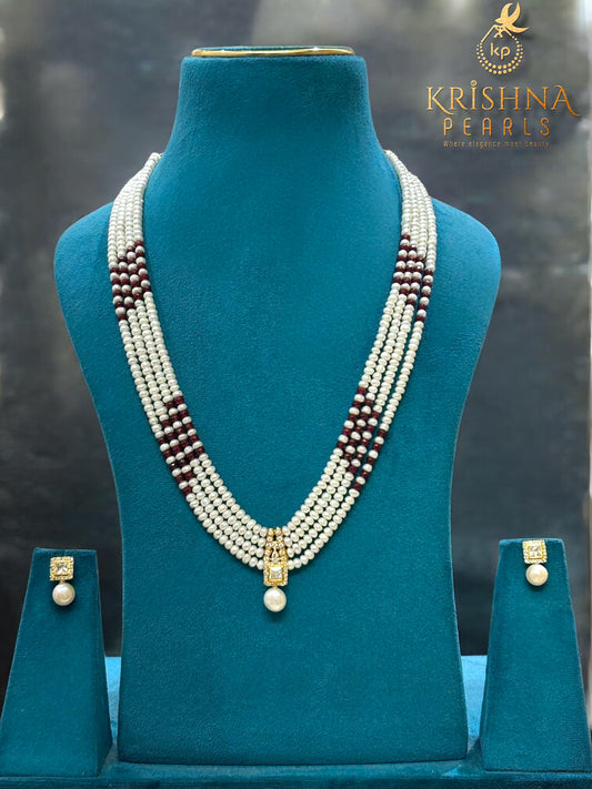 Exclusive Diamond Studded Pendet With Four Strand Pearls Long Necklace Set