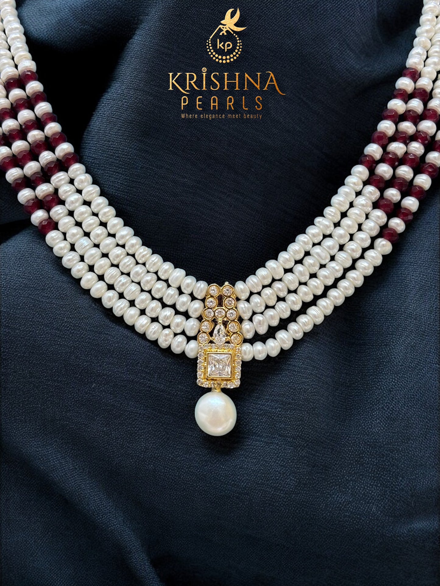 Exclusive Diamond Studded Pendet With Four Strand Pearls Long Necklace Set